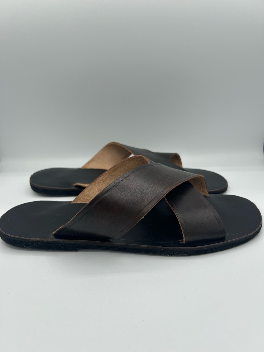Men's Brown Leather Cross-Strap Slide Sandals